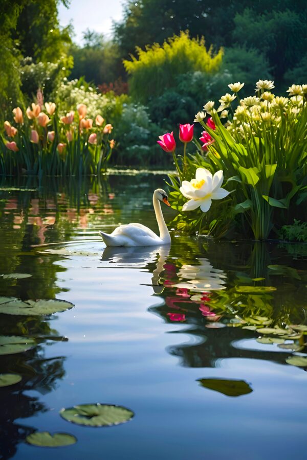 Swan in Pond with Floating Pods Wall Art